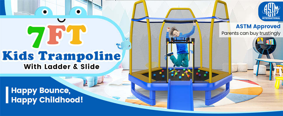 7 FT Kids Recreational Trampoline Outdoor Indoor Toddler Trampoline with Slide Ocean Balls Ladder & Safety Enclosure Net