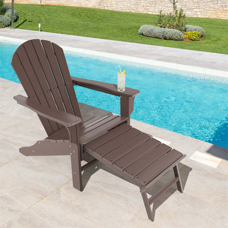 Outdoor HDPE Adirondack Chair, Weather Resistant Fire Pit Chair with Retractable Ottoman & 330 LBS Capacity for Patio, Backyard, Poolside