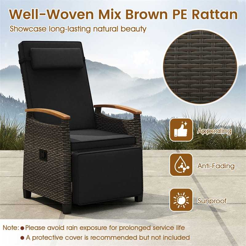 Outdoor Wicker Recliner Chair with Adjustable Backrest, Footrest, Flip Side Table & Cushion, Patio Rattan Chaise Lounge for Backyard Porch