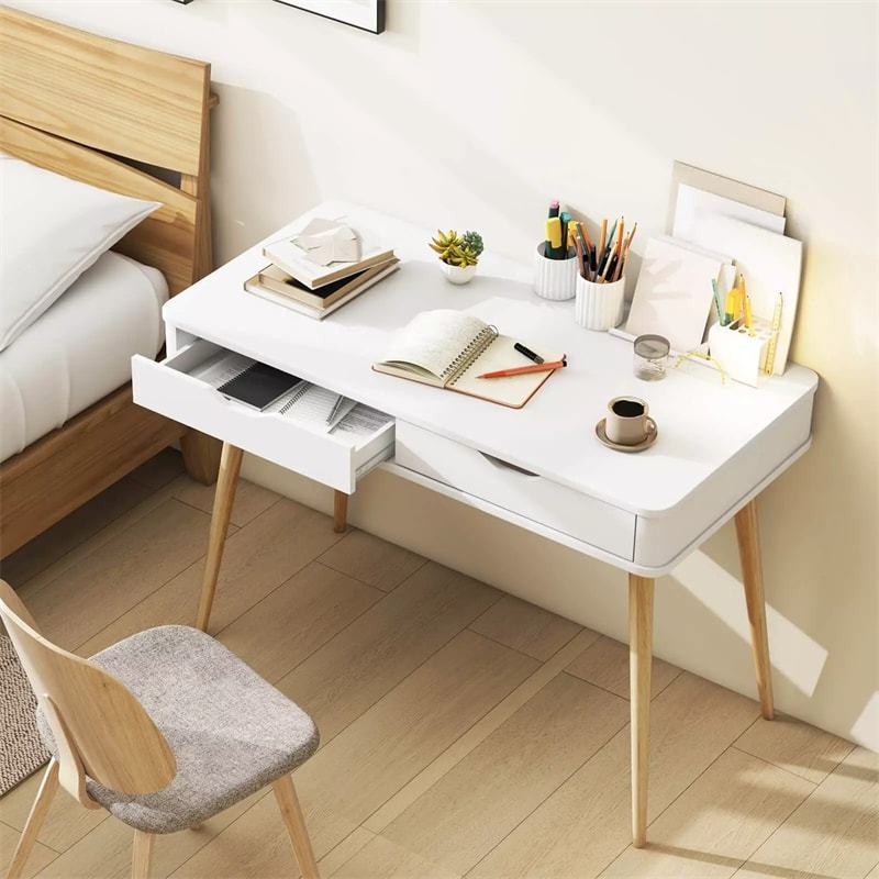 43.5" Mid-Century Desk, Modern Writing Study Desk with 2 Drawers & Rubber Wood Legs, Home Office Desk for Small Space, Vanity Table for Bedroom