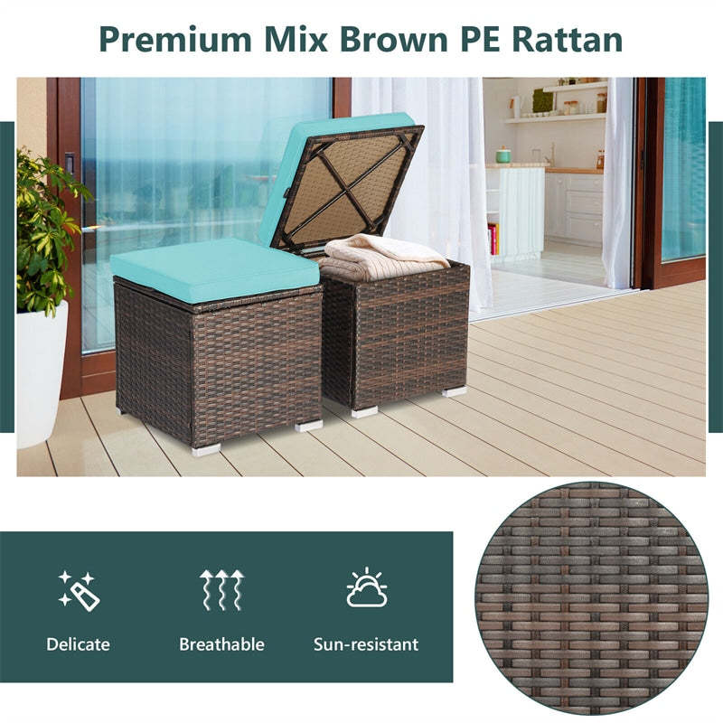 2PCS Wicker Patio Ottomans Hand-Woven PE Rattan Multipurpose Outdoor Footstool Side Table with Removable Cushions & Hidden Storage Box