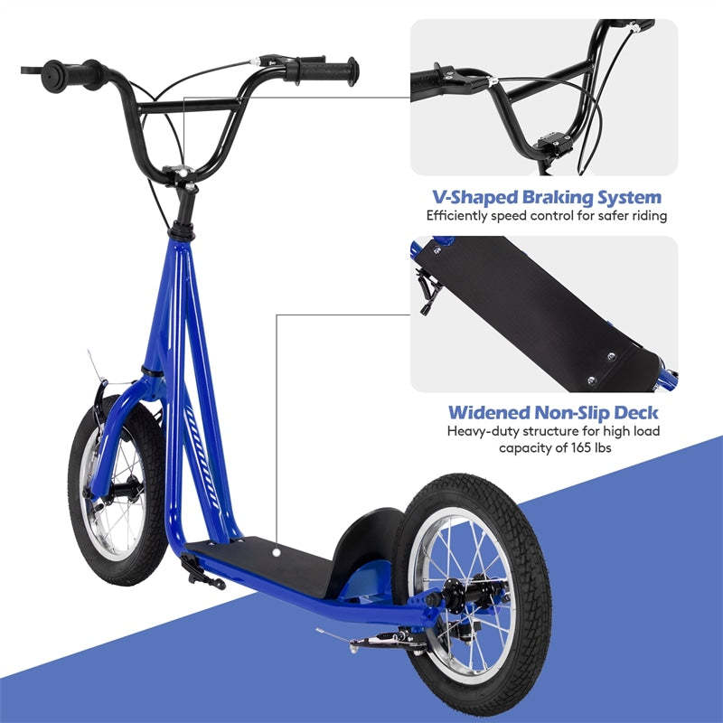 Kids Youth Kick Scooter Carbon Steel Frame w/ 12" Air-Filled Tires Adjustable Handlebar