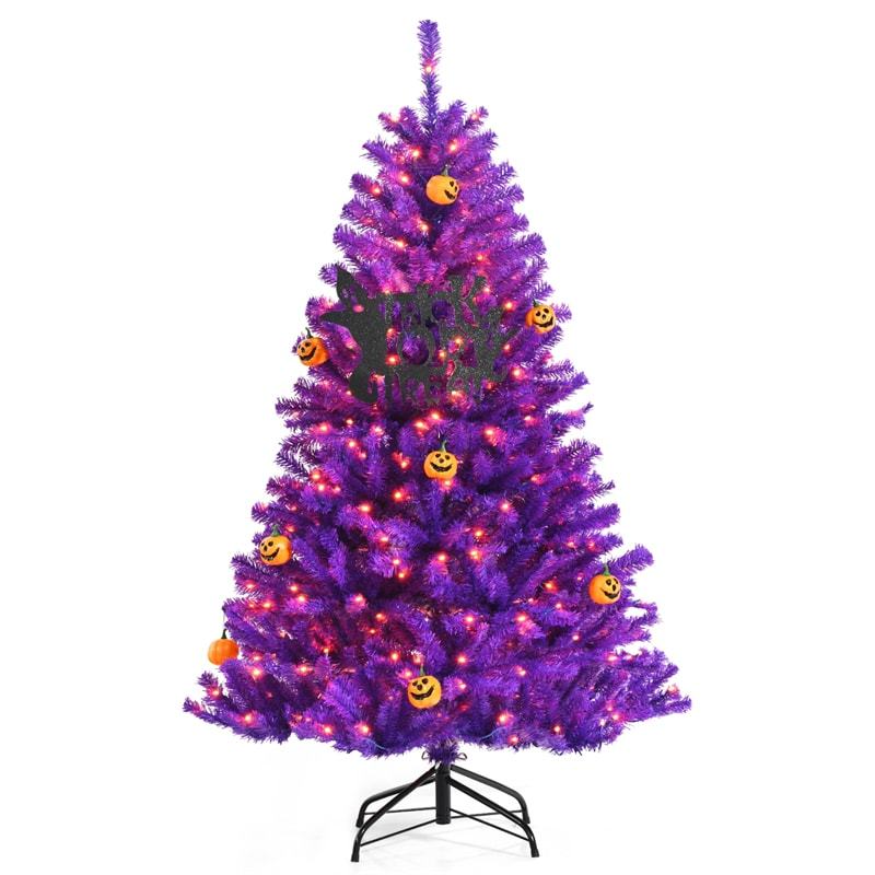 5FT Artificial Prelit Purple Halloween Tree Christmas Tree with Orange Lights & Pumpkin Ornaments
