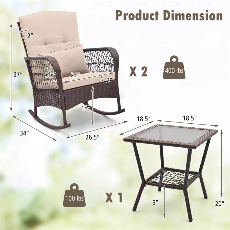 3-Piece Rattan Patio Rocker Set with 2 Rocking Chairs, Tempered Glass Coffee Table & Cushions, Outdoor Bistro Set for Porch, Poolside, Backyard