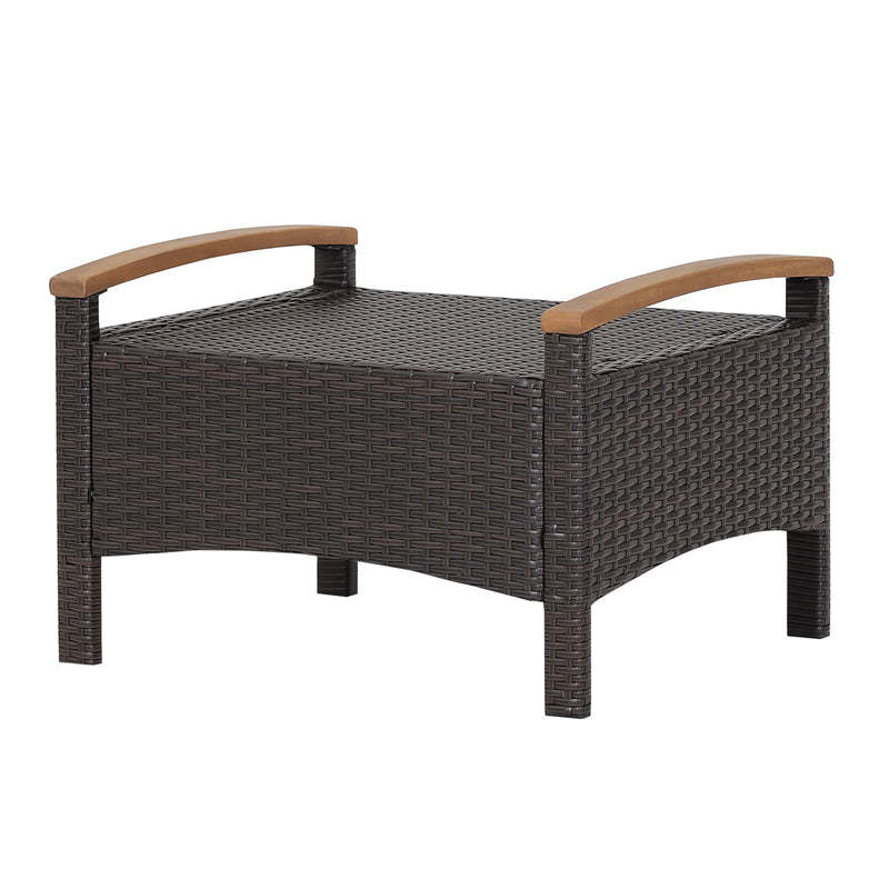2PCS Patio PE Rattan Ottomans w/ Acacia Wood Handle & Removable Cushion, 3-in-1 Wicker Outdoor Footrest Seat & Side Table for Poolside, Backyard