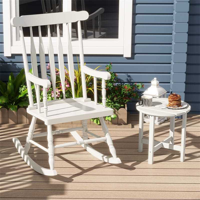 Solid Rubber Wood Patio Rocking Chair, Outdoor Porch Rocker with Slat Back & Glossy Finish for Garden, Backyard, Indoor Use