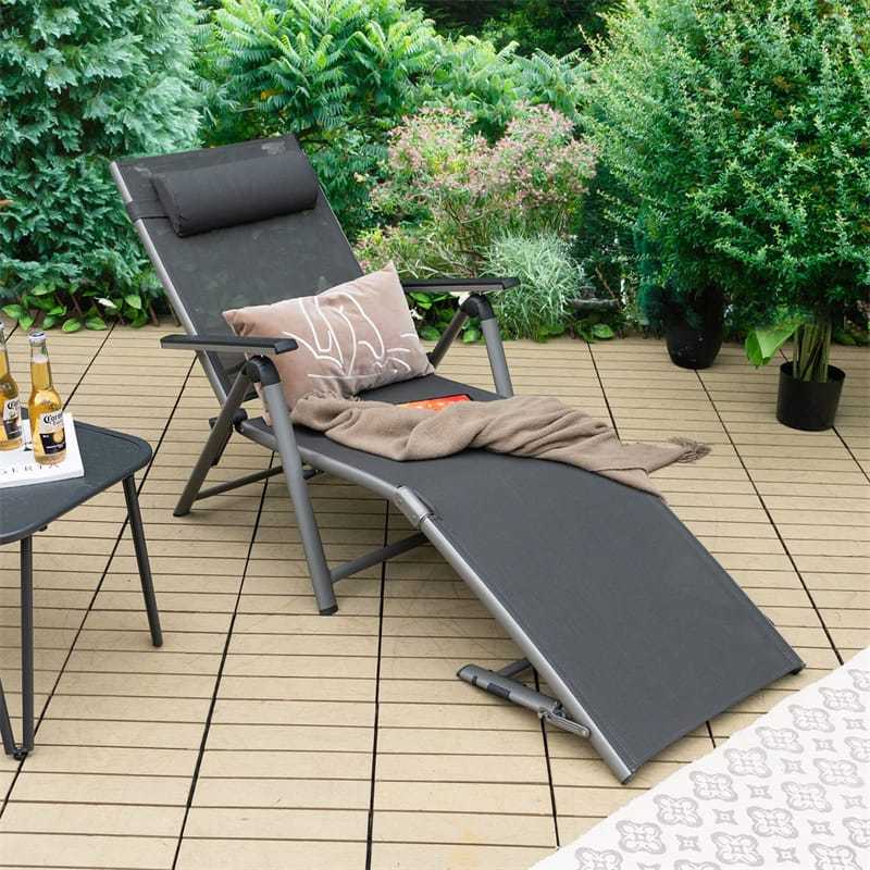 2PCS Aluminum Folding Chaise Lounge with Headrest Pillow, 8-Position Backrest & 2-Leg Adjustment, Reclining Lounge Chair for Poolside, Backyard, Beach