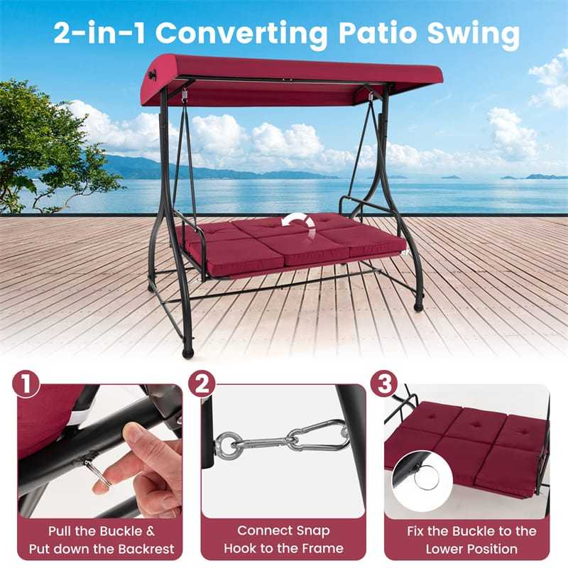 2-in-1 Convertible Patio Swing with Adjustable Canopy & Removable Cushions, Steel Frame 3-Person Outdoor Swing Bed for Deck/Backyard/Garden