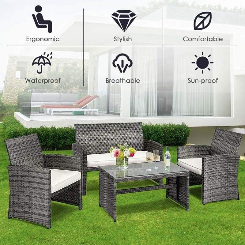 4-Piece Patio Wicker Conversation Set, Outdoor Rattan Sofa Chairs with Cushions & Tempered Glass Coffee Table for Balcony, Backyard, Garden