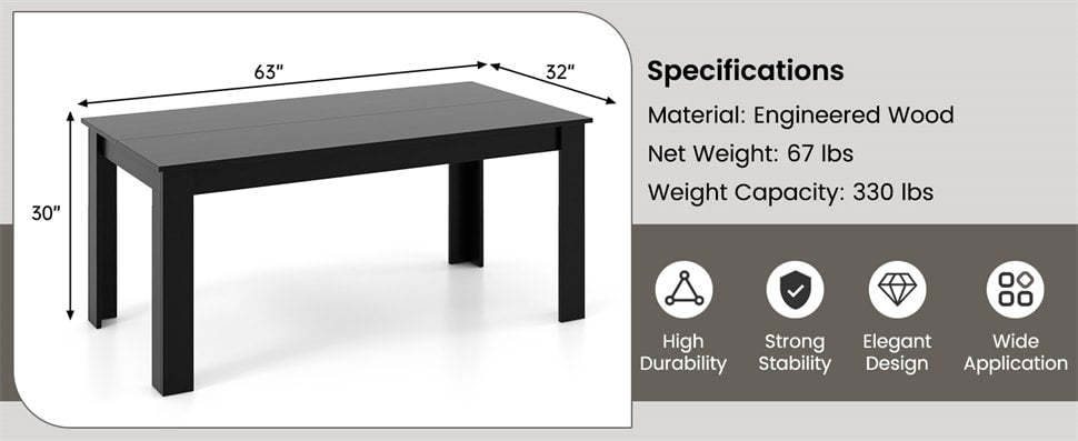 63" Rectangular Dining Table for 4-6 People, Farmhouse Wood Kitchen Table with Heavy Duty Legs, 330LBS Capacity for Living Room, Home Office