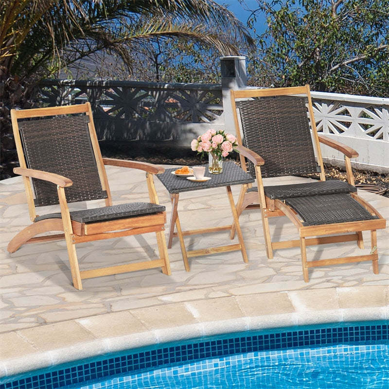 2-Piece Acacia Wood Folding Wicker Patio Lounge Chair Side Table Set with Retractable Footrest