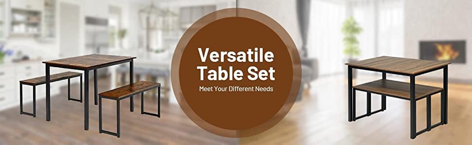 3-Piece Wood Patio Kitchen Dining Table Set with 2 Benches