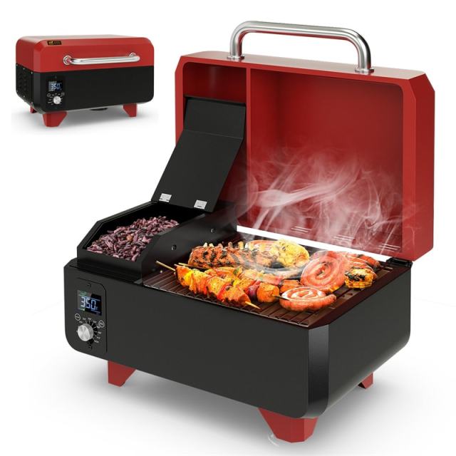 Pellet Grill and Smoker Portable Pellet Smoker Tabletop Wood Pellet Grill w/ Temperature Control, Removable Ash Pan, Grease Tray for Camping BBQ