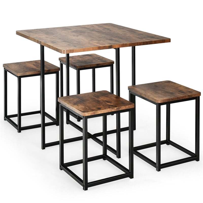 5pcs Compact Dining Table Set with 4 Square Stools & Metal Frame for Small Space Pub Apartment
