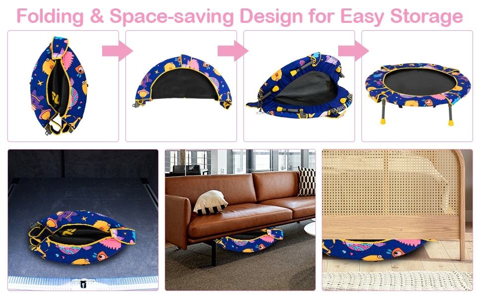 36" Foldable Mini Trampoline 2 in 1 Kids Trampoline Saucer Swing Combo with Bluetooth Audio LED Lights & Detachable Handrail