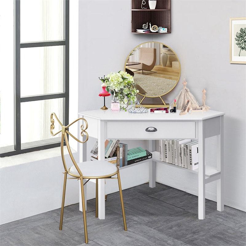 Corner Desk Triangle Computer Desk Laptop Writing Table Workstation Vanity Desk with Drawers & Storage Shelves