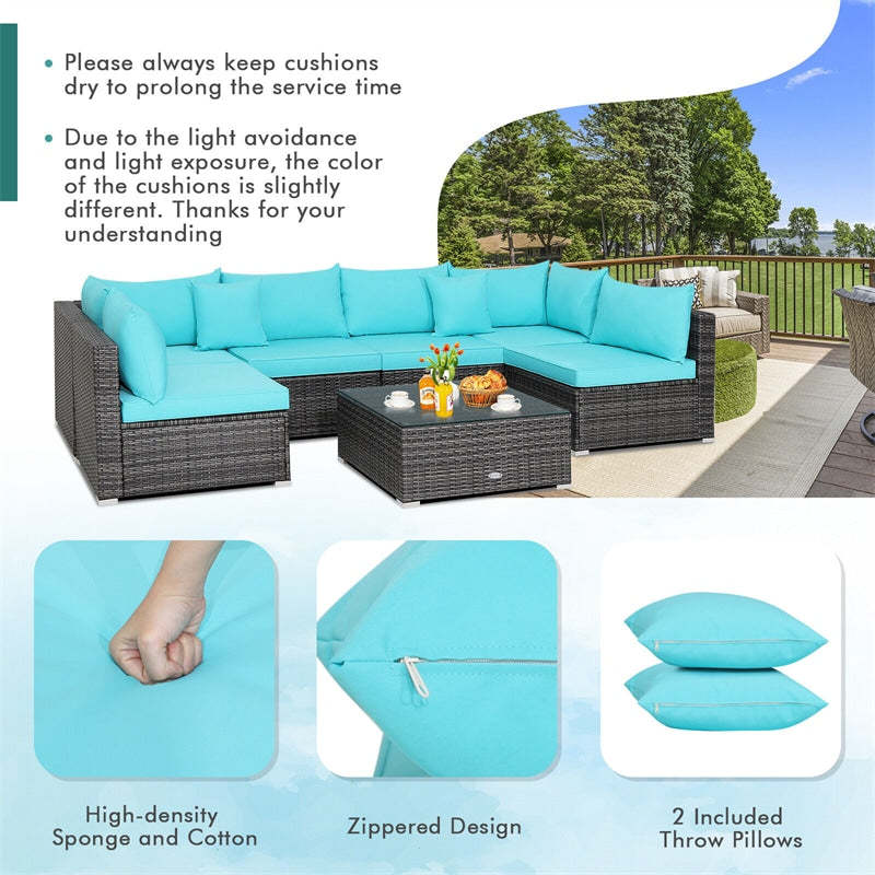 7PCS PE Rattan Modular Outdoor Sectional Set with Tempered Glass Top Table & Cushions, Patio Sofa Furniture for Backyard, Poolside Garden