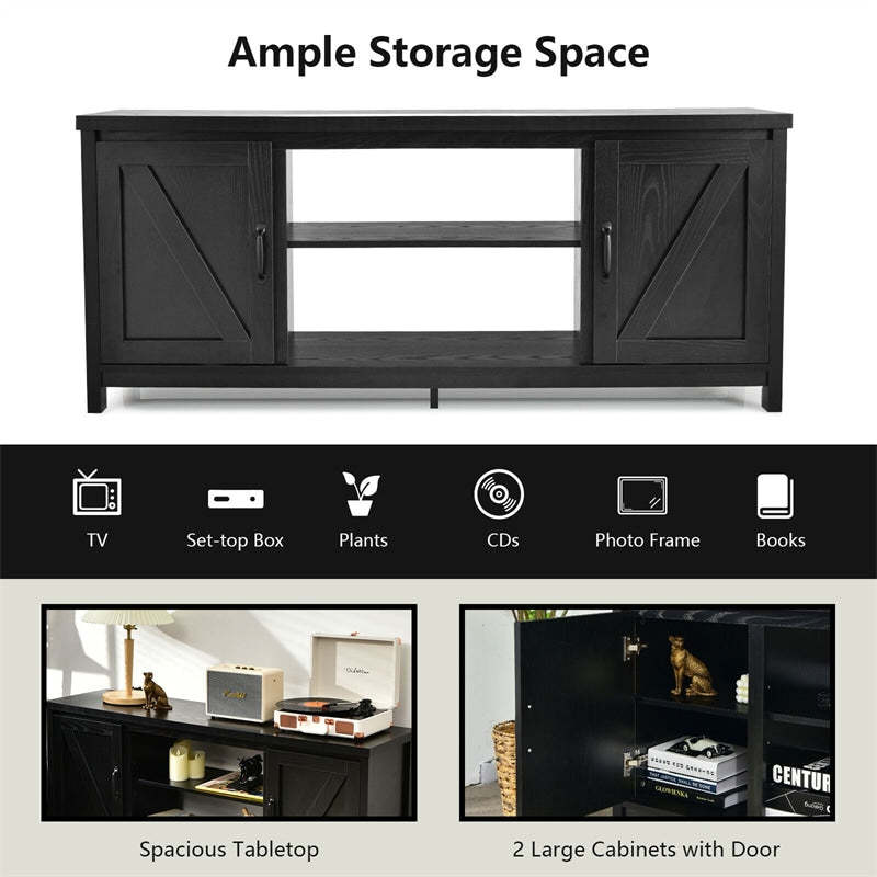 59" Fireplace TV Stand for TVs Up to 65", Farmhouse Wooden Media Console Table with Barn Doors, Storage Cabinet, Adjustable Shelves