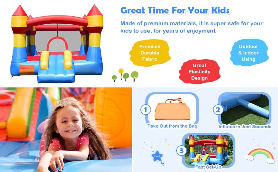 Inflatable Bounce House Kids Bouncy Jumper Castle Moonwalk Playhouse with Slide, Large Jumping Area, Mesh Walls for Indoor Outdoor Party Fun