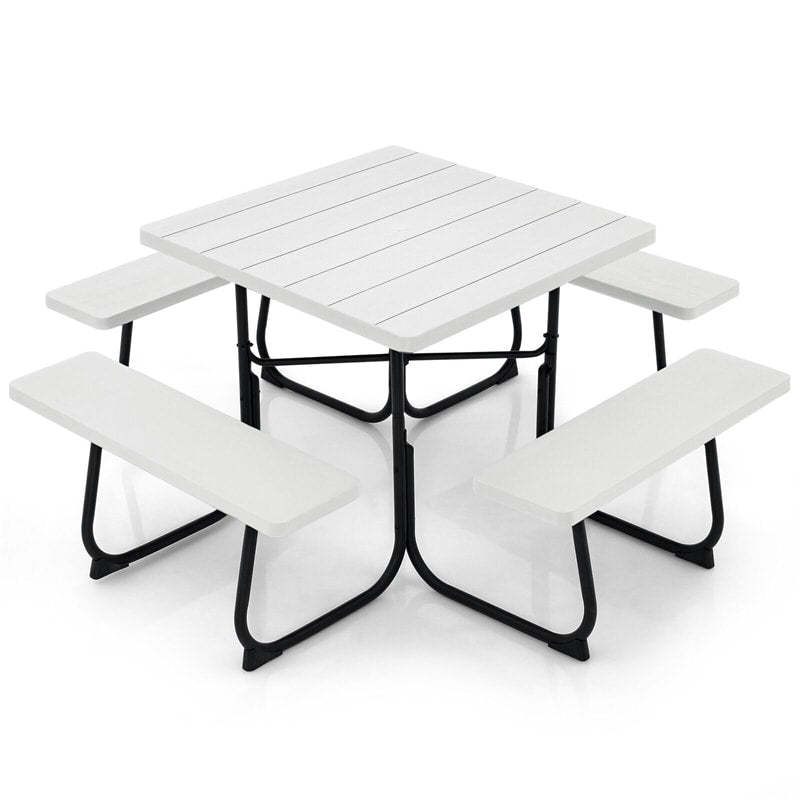 8-Person Picnic Table Set, Square Outdoor Table with 4 Built-in Benches, Umbrella Hole, HDPE Top, Metal Frame, 500LBS Capacity for Garden Patio