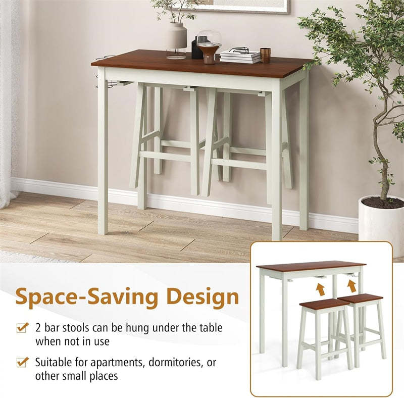 3-Piece Bar Table Set Counter Height Dining Set Space Saving Dinette Table with 2 Stools & 2 Wine Holders for Bar Kitchen Living Room