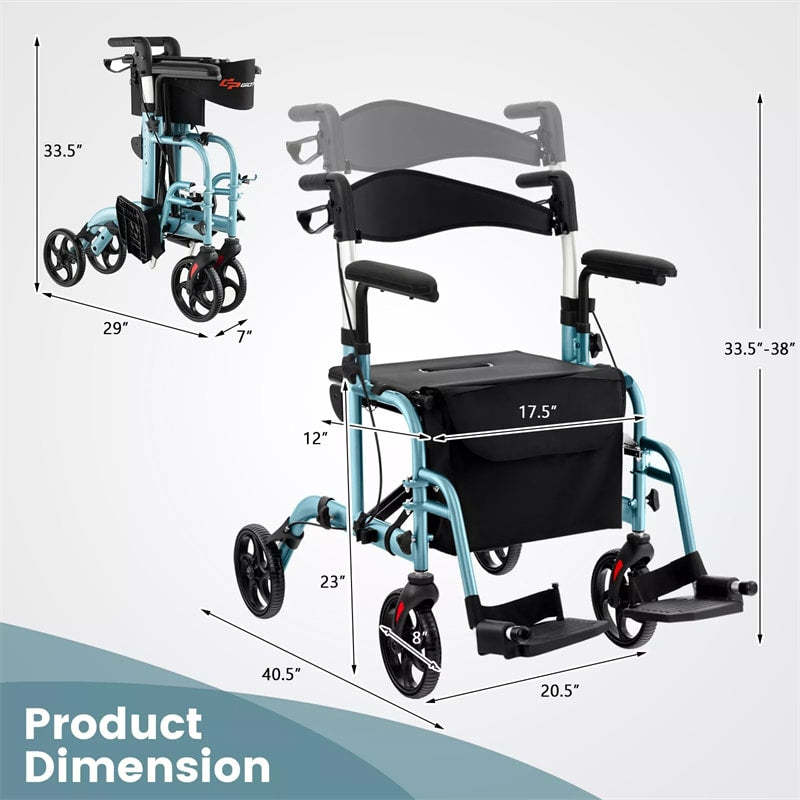 2-in-1 Folding Rollator Walker Wheelchair Combo with Backrest & Adjustable Height, 300lbs Aluminum Mobility Walking Aid for Seniors/Adults