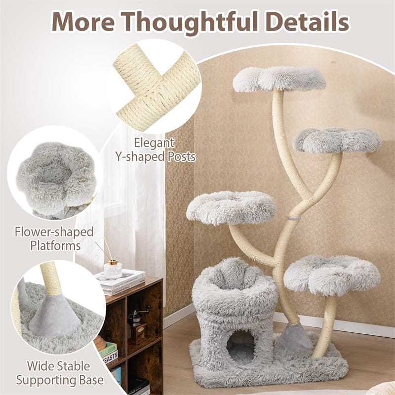 65" Tall Multi-Level Cat Tree, Freestanding Cat Tower w/2-in-1 Cat Condo, Plush Flower Platforms & Sisal Scratching Posts for Large Indoor Cats