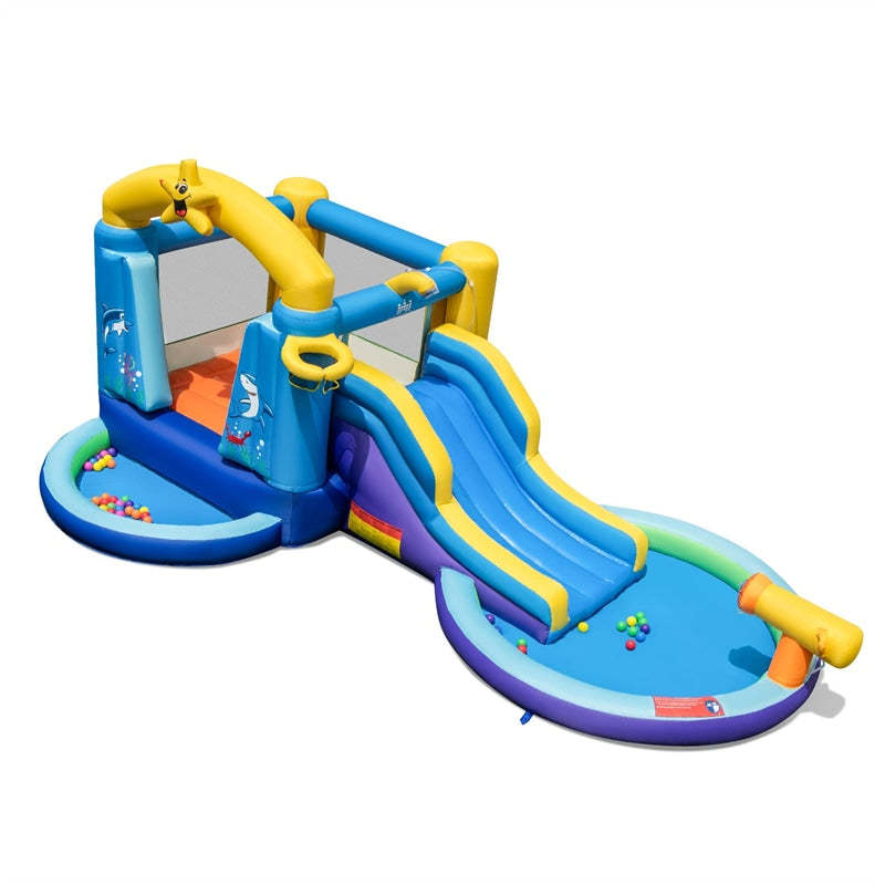 Inflatable Water Slide Ocean Theme Bounce House Water Park with Surfing Slide, 2 Splash Pools, 735W Blower, Water Cannon for Kids Indoor Outdoor Party