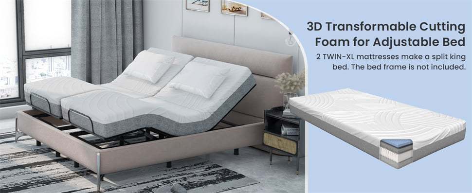 8" Twin XL Adjustable Bed Mattress Gel Infused Memory Foam Mattress with Jacquard Cover, 3D CNC Cutting & Bamboo Charcoal Memory Foam