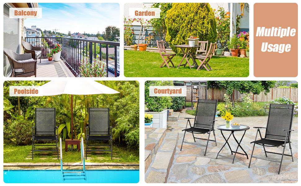 Set of 2 Patio Folding Dining Chair Adjustable Reclining Camping Chair Portable Outdoor Chair