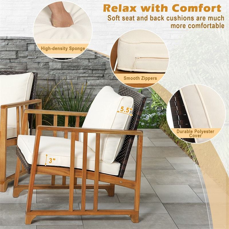 4 Piece Outdoor Wicker Sofa Set Patio Rattan Conversation Set Acacia Wood Frame Furniture Set with Seat & Back Cushions