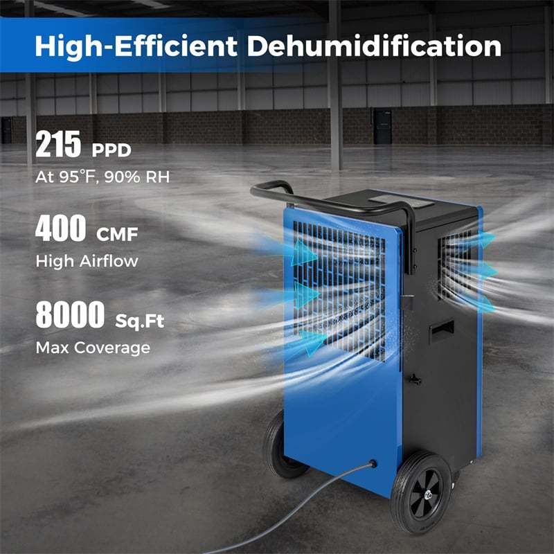 215 Pints Commercial Dehumidifier, 8,000 Sq.Ft Industrial Dehumidifier with Drain Hose, 24H Timer & 4 Wheels for Home Basement Warehouse Water Damage