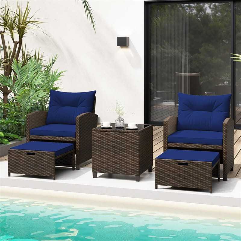5-Piece Patio Rattan Furniture Set, Cushioned Wicker Chairs with 2 Ottomans & Glass Coffee Table, Outdoor Sectional for Porch Backyard Poolside