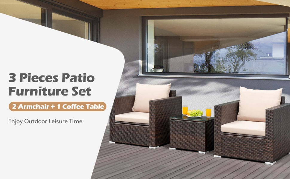 3 Piece PE Rattan Wicker Patio Conversation Sofa Set for Garden Poolside Balcony