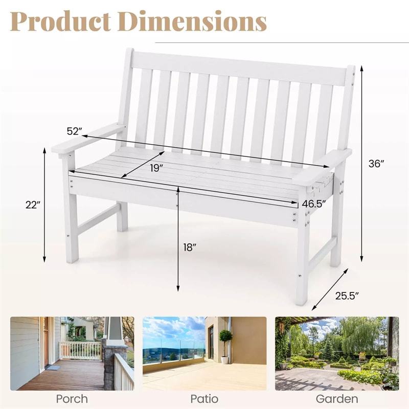 2-Person HDPE Outdoor Garden Bench, 52" All-Weather Patio Bench with Slatted Backrest & Armrests, 705lbs Capacity for Park, Backyard, Porch