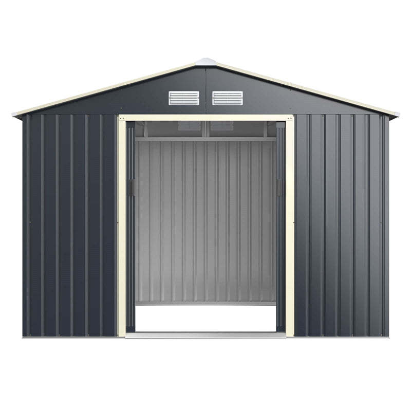 9’ x 6’ Large Outdoor Metal Storage Shed, Galvanized Steel Garden Shed Tool House Backyard Storage Cabinet with 4 Vents & Lockable Double Sliding Door