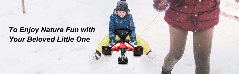 Kids Snow Racer Sled Ski Sled with Steering Wheel Double Brakes Pull Rope