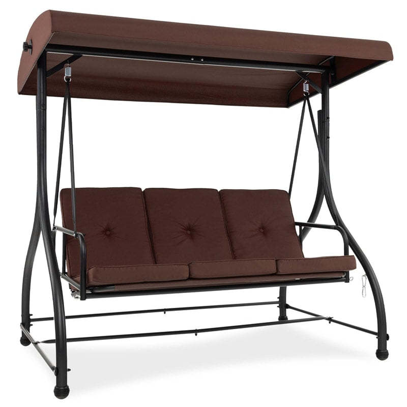 2-in-1 Convertible Patio Swing with Adjustable Canopy & Removable Cushions, Steel Frame 3-Person Outdoor Swing Bed for Deck/Backyard/Garden
