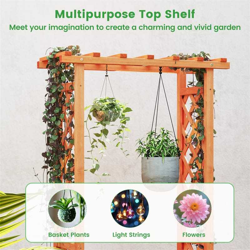 Raised Garden Bed with 2-Sided Trellis, Hanging Roof, Drainage Holes, Indoor/Outdoor Wood Planter Box for Climbing Plants, Vines, Flowers