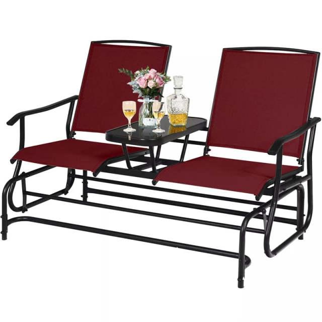 2-Person Outdoor Glider Chair with Center Tempered Glass Table, Steel Frame & Breathable Mesh, Patio Rocking Bench for Porch Garden Poolside