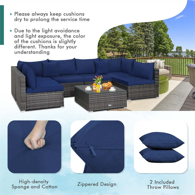 7PCS PE Rattan Modular Outdoor Sectional Set with Tempered Glass Top Table & Cushions, Patio Sofa Furniture for Backyard, Poolside Garden