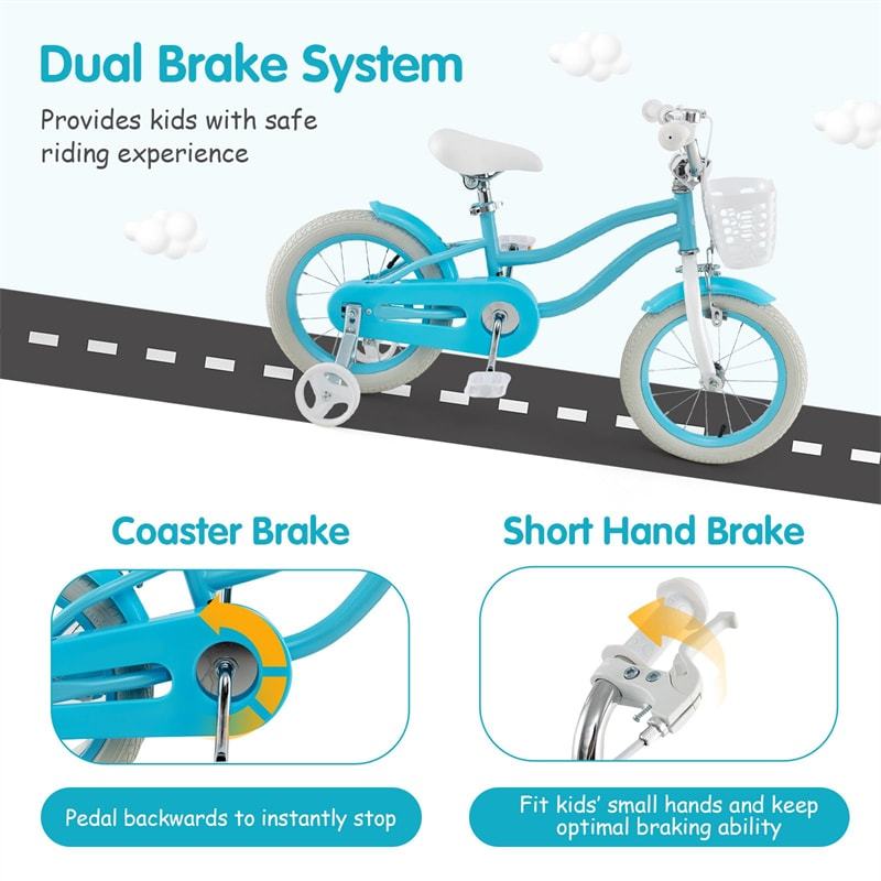 14" Kids Bike, Toddler Bicycle Girls Boys Bike for 3-8 Years Old with Training Wheels Adjustable Seat Removable Basket
