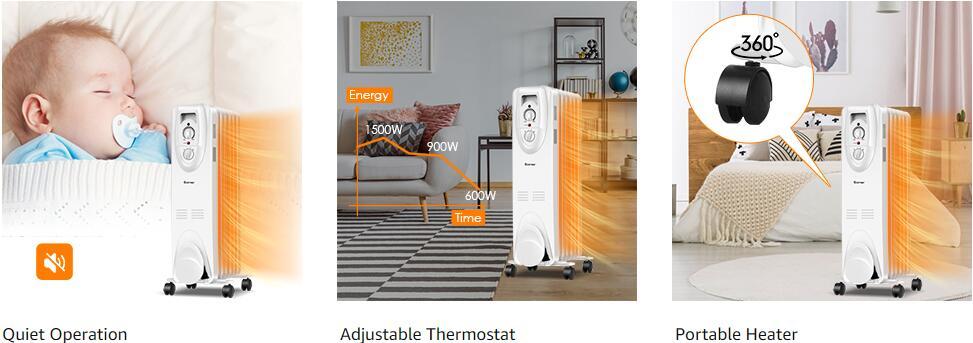 1500W Portable Oil Filled Radiator Heater with 3 Heating Modes Universal Wheels
