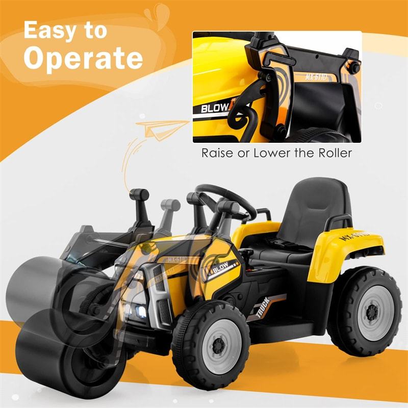 Kids Ride On Road Roller Car 12V Battery Electric Tractor with Remote Control & Adjustable Drum Roller, Ride On Construction Vehicle for Kids