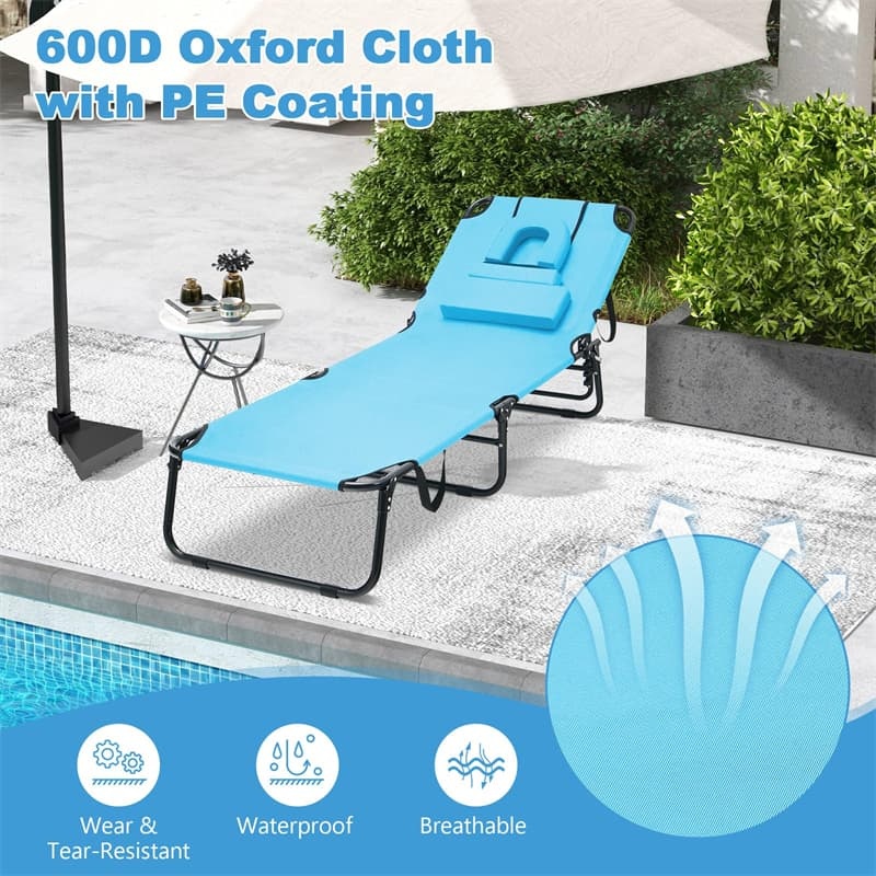 Folding Beach Chaise Lounge Chair, 5-Position Adjustable Sunbathing Recliner with Face Hole, Removable Pillows, Carry Strap, 350LB Support