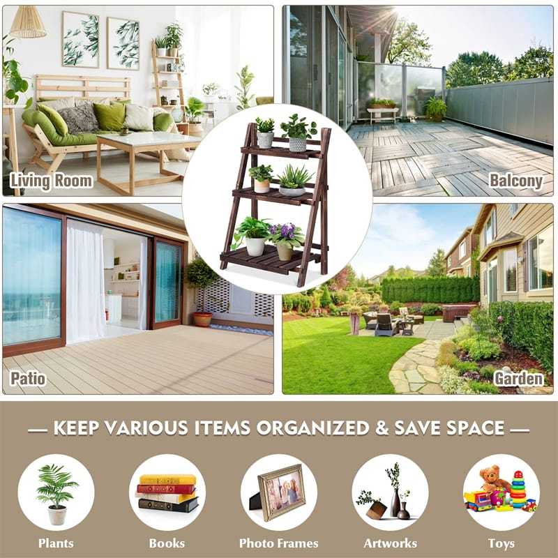 3 Tier Folding Wood Plant Stand Flower Pot Holder Display Rack Foldable Rustic Ladder Shelf for Home Patio Balcony Garden