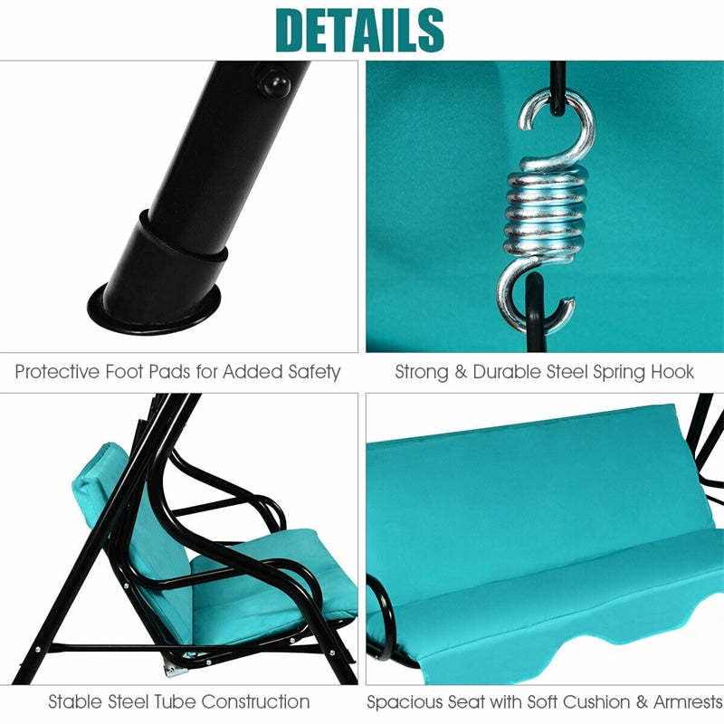 3-Seat Patio Swing with Adjustable Canopy & Removable Cushion, Powder-Coated Steel Frame Outdoor Porch Swing for Backyard, Garden, Balcony