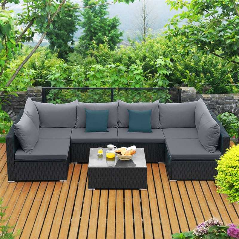 7-Piece PE Rattan Outdoor Sectional Sofa with Tempered Glass Top Table & Cushions, Wicker Patio Furniture Set for Garden Poolside Balcony