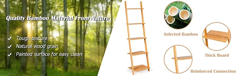 5-Tier Bamboo Ladder Plant Stand Leaning Bookshelf Display Shelf