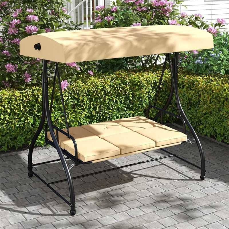 2-in-1 Convertible Patio Swing with Adjustable Canopy & Removable Cushions, Steel Frame 3-Person Outdoor Swing Bed for Deck/Backyard/Garden